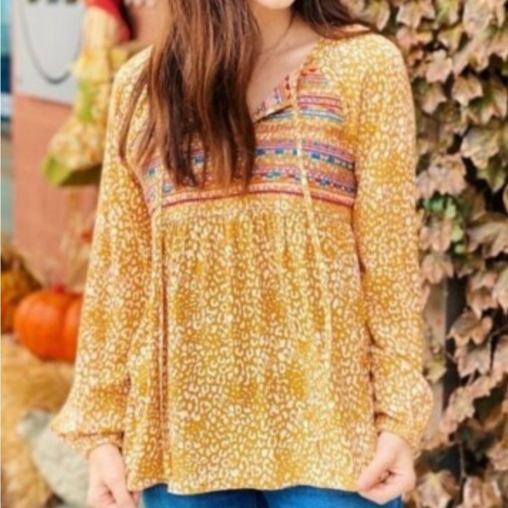 Savanna Jane Marigold Yellow Leopard Print Peasant Cottage Core Top Boho S